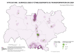 Vignette Image 3 : Carte repr&eacute;sentant la fili&egrave;re viticulture de la r&eacute;gion Auvergne-Rh&ocirc;ne-Alpes, &agrave; partir des donn&eacute;es du recensement agricole 2020 pour l'amont et de Flores 2024 pour l'aval. Le fond de carte repr&eacute;sente, par lissage, les surfaces en vignes par km&sup2; en 2020. Les &eacute;tablissements de transformations sont repr&eacute;sent&eacute;s par des ronds de couleur vert, selon quatre classes d'effectifs salari&eacute;s en &eacute;quivalent temps plein (ETP) en 2024 : &le; 10, de 10 &agrave; 50, de 50 &agrave; 100 et > 100 ETP.