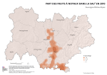 Vignette Image 1 : Carte repr&eacute;sentant la part des surfaces en fruits &agrave; noyau dans la surface agricole utilis&eacute;e en Auvergne-Rh&ocirc;ne-Alpes, selon les donn&eacute;es du Recensement Agricole 2010. La carte met en &eacute;vidence les territoires o&ugrave; les fruits &agrave; noyau repr&eacute;sentent la plus grande part des surfaces agricoles dans la r&eacute;gion.
