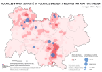 Vignette Image 5 : Carte repr&eacute;sentant la fili&egrave;re volailles de la r&eacute;gion Auvergne-Rh&ocirc;ne-Alpes en 2024, &agrave; partir des donn&eacute;es du Recensement agricole 2020 pour l'amont et de l'enqu&ecirc;te annuelle Qualit&eacute; Volailles 2024 pour l'aval. Le fond de carte repr&eacute;sente, par lissage, les effectifs de volailles dans les exploitations en 2020 par km&sup2;. Les abattoirs sont repr&eacute;sent&eacute;s par des ronds de couleur bleu, selon quatre classes de volume abattu en 2024 : 