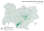 Vignette Image 1 : Carte illustrant la part du châtaignier dans le territoire de la région Auvergne-Rhône-Alpes, selon les données de la BD forêt V2 (IGN).La carte met en évidence les zones où le châtaignier se concentre dans la région.