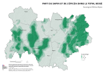 Vignette Image 2 : Carte illustrant la part du sapin et de l'épicéa dans le total boisé de la région Auvergne-Rhône-Alpes, selon les données de la BD forêt V2 (IGN).La carte met en évidence les zones où le sapin et l'épicéa se concentrent dans les surfaces forestières de la région.