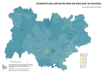 Vignette Image 2 : Carte qui présente l'indice de Simpson moyen des 18 Productions Brutes Standard (PBS) partielles calculées à l'échelle des exploitations de la région Auvergne-Rhône-Alpes, pour le recensement agricole de 2020. Cet indice est un indicateur de diversité utilisé en écologie. L'indice varie de 1 (exploitation avec un seul atelier significatif) à 18 (exploitation avec 18 ateliers de tailles économiques équivalentes). 