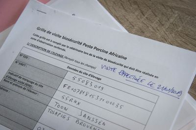 Inspection du service sant&eacute;, protection animales et environnement (DDCSPP 55) des mesures de bios&eacute;curit&eacute; dans un &eacute;levage porcin. Date de prise de vue 9 avril 2019