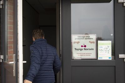 Mesure de bios&eacute;curit&eacute; dans un &eacute;levage porcin. Acc&egrave;s restreint sur le site. Date de prise de vue 9 avril 2019