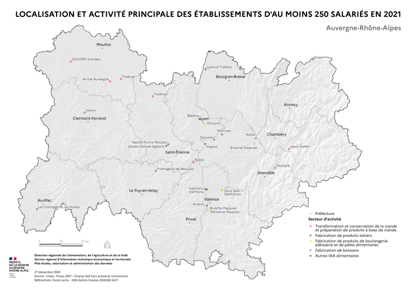 Carte représentant le nombre, la localisation et l'activité principale des établissements d'au moins 250 salariés dans le secteur de l'industrie agroalimentaire (IAA hors artisanat commercial) en Auvergne-Rhône-Alpes pour l'année 2021, selon les données de l'INSEE.