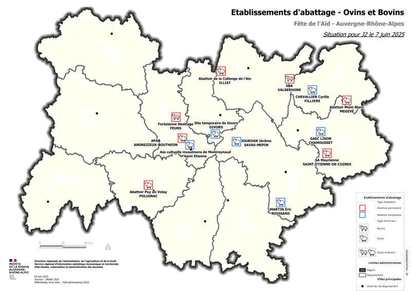 Carte des etablissements d'abattage -ovins et bovins pour le 7 juin 2025