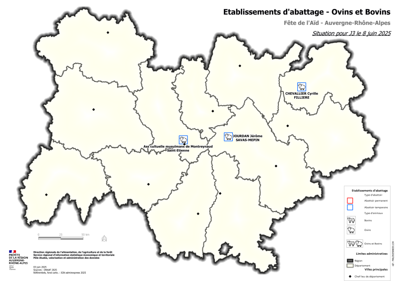 Carte des etablissements d'abattage -ovins et bovins pour le 8 juin 2025