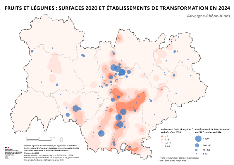 Image 2 : Carte repr&eacute;sentant la fili&egrave;re fruits et l&eacute;gumes de la r&eacute;gion Auvergne-Rh&ocirc;ne-Alpes, &agrave; partir des donn&eacute;es du recensement agricole 2020 pour l'amont et de Flores 2024 pour l'aval. Le fond de carte repr&eacute;sente, par lissage, les surfaces en fruits et l&eacute;gumes par km&sup2; en 2020. Les &eacute;tablissements de transformations sont repr&eacute;sent&eacute;s par des ronds de couleur bleu, selon quatre classes d'effectifs salari&eacute;s en &eacute;quivalent temps plein (ETP) en 2024 : &le; 10, de 10 &agrave; 50, de 50 &agrave; 100 et > 100 ETP.