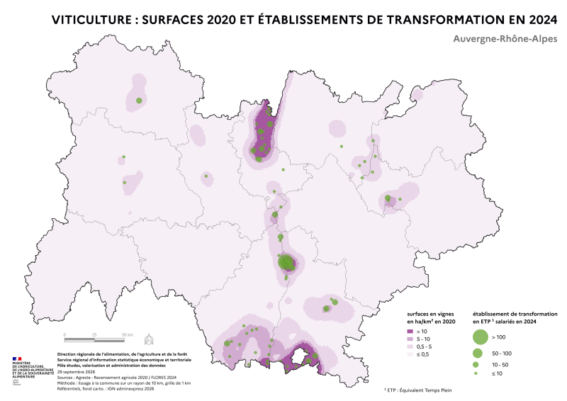 Image 3 : Carte repr&eacute;sentant la fili&egrave;re viticulture de la r&eacute;gion Auvergne-Rh&ocirc;ne-Alpes, &agrave; partir des donn&eacute;es du recensement agricole 2020 pour l'amont et de Flores 2024 pour l'aval. Le fond de carte repr&eacute;sente, par lissage, les surfaces en vignes par km&sup2; en 2020. Les &eacute;tablissements de transformations sont repr&eacute;sent&eacute;s par des ronds de couleur vert, selon quatre classes d'effectifs salari&eacute;s en &eacute;quivalent temps plein (ETP) en 2024 : &le; 10, de 10 &agrave; 50, de 50 &agrave; 100 et > 100 ETP.