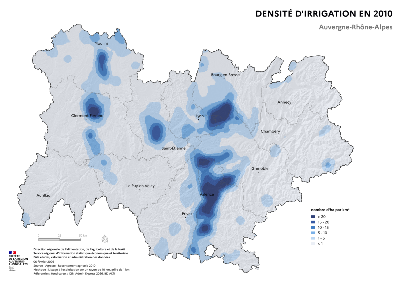 Image 1 : Carte repr&eacute;sentant la part des surfaces en cultures de fruits irrigu&eacute;es dans la surface agricole utilis&eacute;e irrigu&eacute;e en Auvergne-Rh&ocirc;ne-Alpes, selon les donn&eacute;es du Recensement Agricole 2010. La carte met en &eacute;vidence les territoires o&ugrave; les cultures irrigu&eacute;es repr&eacute;sentent la plus grande part des surfaces agricoles dans la r&eacute;gion.