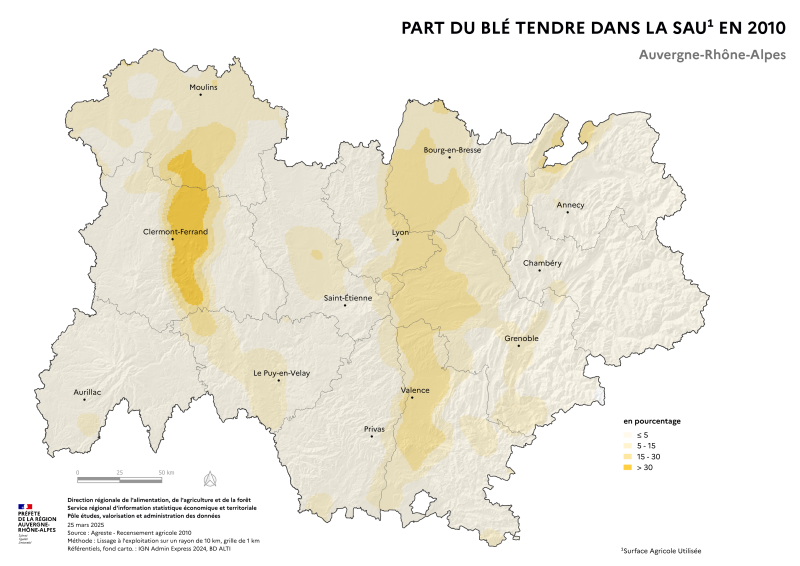 Image 1 : Carte repr&eacute;sentant la part des surfaces en bl&eacute; tendre dans la surface agricole utilis&eacute;e en Auvergne-Rh&ocirc;ne-Alpes, selon les donn&eacute;es du Recensement Agricole 2010. La carte met en &eacute;vidence les territoires o&ugrave; le bl&eacute; tendre repr&eacute;sente la plus grande part des surfaces agricoles de la r&eacute;gion.