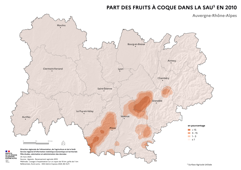 Image 1 : Carte repr&eacute;sentant la part des surfaces en fruits &agrave; coque dans la surface agricole utilis&eacute;e en Auvergne-Rh&ocirc;ne-Alpes, selon les donn&eacute;es du Recensement Agricole 2010. La carte met en &eacute;vidence les territoires o&ugrave; les fruits &agrave; coque repr&eacute;sentent la plus grande part des surfaces agricoles dans la r&eacute;gion.
