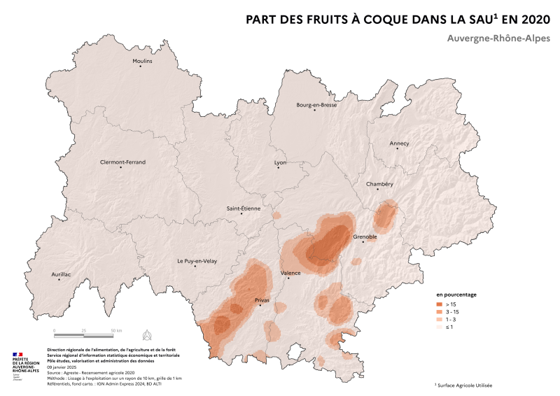 Carte représentant la part des surfaces en fruits à coque dans la surface agricole utilisée en Auvergne-Rhône-Alpes, selon les données du Recensement Agricole 2020. La carte met en évidence les territoires où les fruits à coque représentent la plus grande part des surfaces agricoles dans la région.