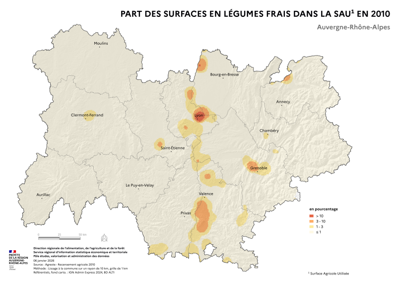 Image 1 : Carte repr&eacute;sentant la part des surfaces en l&eacute;gumes frais dans la surface agricole utilis&eacute;e en Auvergne-Rh&ocirc;ne-Alpes, selon les donn&eacute;es du Recensement Agricole 2010. La carte met en &eacute;vidence les territoires o&ugrave; les l&eacute;gumes frais repr&eacute;sentent la plus grande part des surfaces agricoles dans la r&eacute;gion.