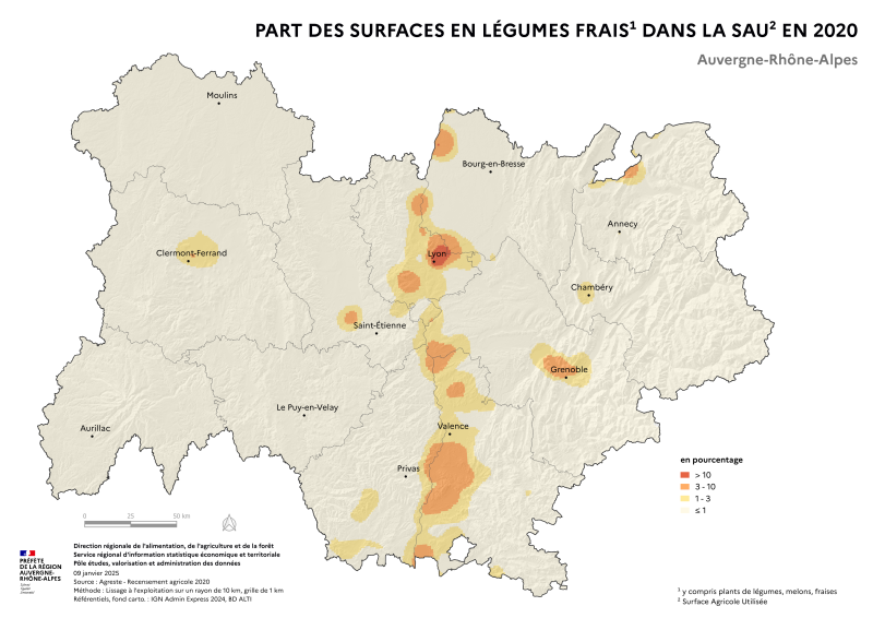 Carte représentant la part des surfaces en légumes frais dans la surface agricole utilisée en Auvergne-Rhône-Alpes, selon les données du Recensement Agricole 2020. La carte met en évidence les territoires où les légumes frais représentent la plus grande part des surfaces agricoles dans la région.