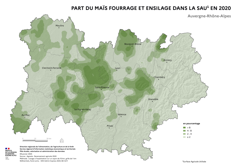 Carte représentant la part du maïs fourrage et ensilage dans la surface agricole utilisée en Auvergne-Rhône-Alpes, selon les données du Recensement Agricole 2020. La carte met en évidence les territoires où le maïs fourrage et ensilage représente la plus grande part des surfaces agricoles dans la région.