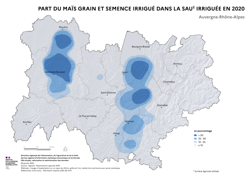 Carte représentant la part des surfaces en maïs grain et semence irriguées dans la surface agricole utilisée irriguée en Auvergne-Rhône-Alpes, selon les données du Recensement Agricole 2020. La carte met en évidence les territoires où le maïs grain et semence irrigué représente la plus grande part des surfaces agricoles irriguées dans la région.