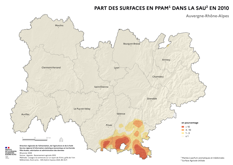 Image 1 : Carte repr&eacute;sentant la part des surfaces en plantes &agrave; parfum, aromatiques et m&eacute;dicinales (PPAM) dans la surface agricole utilis&eacute;e en Auvergne-Rh&ocirc;ne-Alpes, selon les donn&eacute;es du Recensement Agricole 2010. La carte met en &eacute;vidence les territoires o&ugrave; les PPAM repr&eacute;sentent la plus grande part des surfaces agricoles dans la r&eacute;gion.