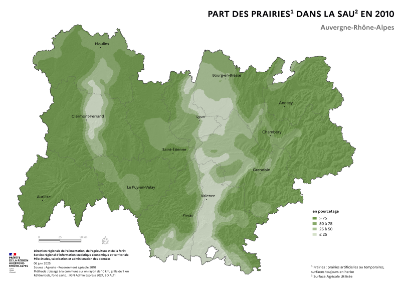 Image 1 : Carte repr&eacute;sentant la part des prairies dans la surface agricole utilis&eacute;e en Auvergne-Rh&ocirc;ne-Alpes, selon les donn&eacute;es du Recensement Agricole 2010. La carte met en &eacute;vidence les territoires o&ugrave; les prairies repr&eacute;sentent la plus grande part des surfaces agricoles dans la r&eacute;gion.