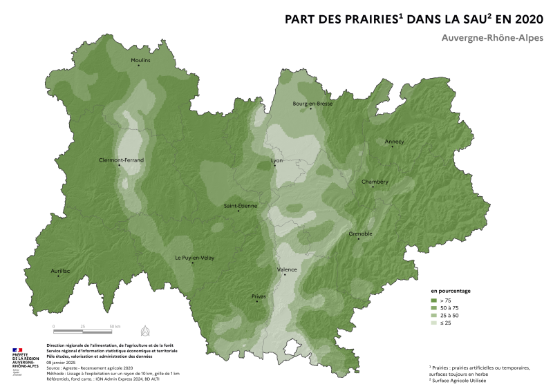Carte représentant la part des prairies dans la surface agricole utilisée en Auvergne-Rhône-Alpes, selon les données du Recensement Agricole 2020. La carte met en évidence les territoires où les prairies représentent la plus grande part des surfaces agricoles dans la région.