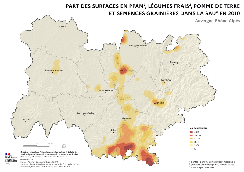 Image 1 : La carte met en &eacute;vidence les territoires o&ugrave; ces cultures repr&eacute;sentent la plus grande part des surfaces agricoles dans la r&eacute;gion.(Source Recencement agricole 2020)