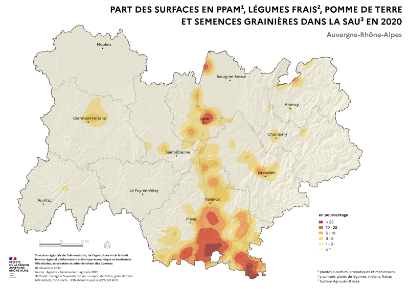 La carte met en évidence les territoires où ces cultures représentent la plus grande part des surfaces agricoles dans la région.