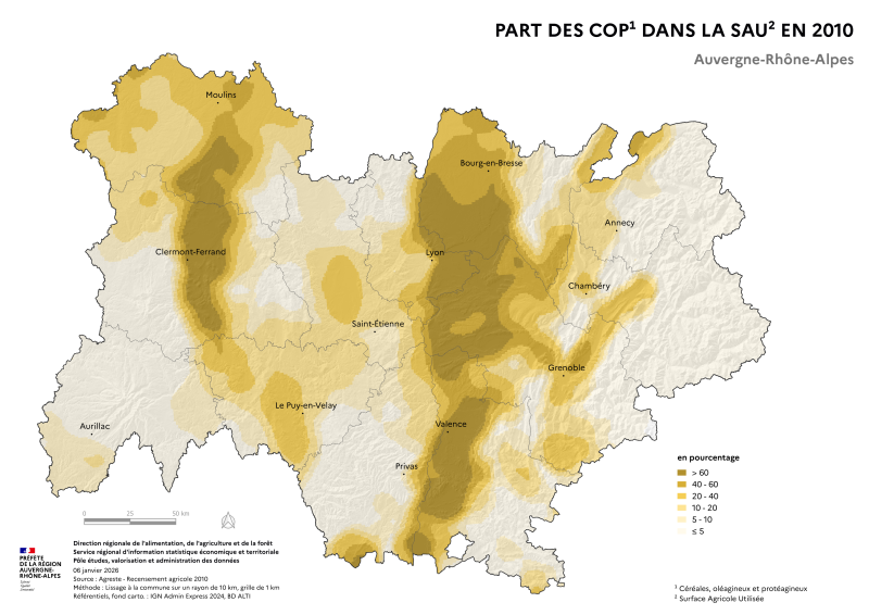 Image 1 : Carte repr&eacute;sentant la part des surfaces en c&eacute;r&eacute;ales et ol&eacute;oprot&eacute;agineux dans la surface agricole utilis&eacute;e en Auvergne-Rh&ocirc;ne-Alpes, selon les donn&eacute;es du Recensement Agricole 2010. La carte met en &eacute;vidence les territoires o&ugrave; les c&eacute;r&eacute;ales et ol&eacute;oprot&eacute;agineux repr&eacute;sentent la plus grande part des surfaces agricoles de la r&eacute;gion.