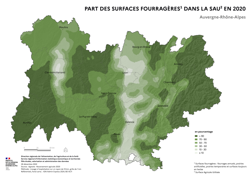 Carte représentant la part des surfaces fourragères dans la surface agricole utilisée en Auvergne-Rhône-Alpes, selon les données du Recensement Agricole 2020. La carte met en évidence les territoires où les surfaces fourragères représentent la plus grande part des surfaces agricoles dans la région.