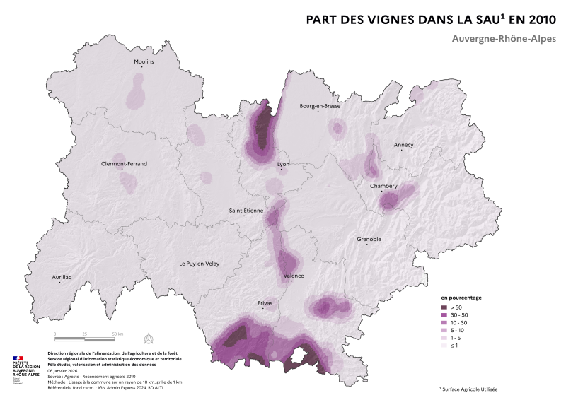 Image 1 : Carte repr&eacute;sentant la part des vignes dans la surface agricole utilis&eacute;e en Auvergne-Rh&ocirc;ne-Alpes, selon les donn&eacute;es du Recensement Agricole 2010. La carte met en &eacute;vidence les territoires o&ugrave; les vignes repr&eacute;sentent la plus grande part des surfaces agricoles dans la r&eacute;gion.