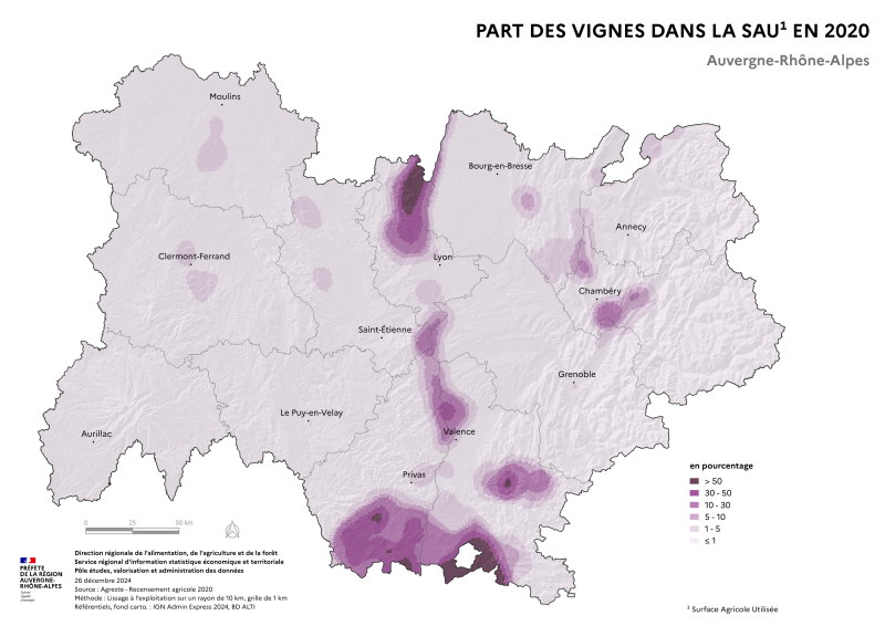 Carte représentant la part des vignes dans la surface agricole utilisée en Auvergne-Rhône-Alpes, selon les données du Recensement Agricole 2020. La carte met en évidence les territoires où les vignes représentent la plus grande part des surfaces agricoles dans la région.