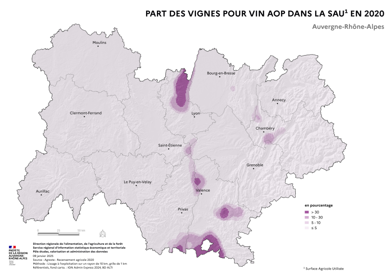 Carte représentant la part des vignes pour vin AOP dans la surface agricole utilisée en Auvergne-Rhône-Alpes, selon les données du Recensement Agricole 2020. La carte met en évidence les territoires où les vignes pour vin AOP représentent la plus grande part des surfaces agricoles dans la région.