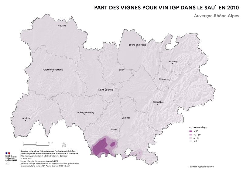 Image 1 : Carte repr&eacute;sentant la part des vignes pour vin IGP dans la surface agricole utilis&eacute;e en Auvergne-Rh&ocirc;ne-Alpes, selon les donn&eacute;es du Recensement Agricole 2010. La carte met en &eacute;vidence les territoires o&ugrave; les vignes pour vin IGP repr&eacute;sentent la plus grande part des surfaces agricoles dans la r&eacute;gion.
