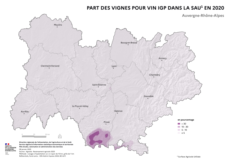 Carte représentant la part des vignes pour vin IGP dans la surface agricole utilisée en Auvergne-Rhône-Alpes, selon les données du Recensement Agricole 2020. La carte met en évidence les territoires où les vignes pour vin IGP représentent la plus grande part des surfaces agricoles dans la région.