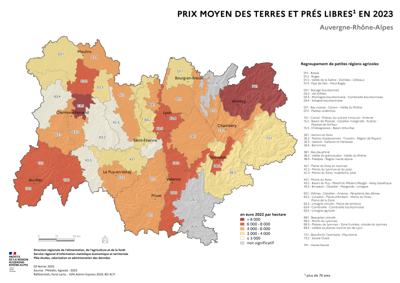 Carte représentant le prix moyen des terres agricoles dans la région Auvergne-Rhône-Alpes en 2023, selon les données de la FNSAFER. Cette carte montre les variations des prix par petites régions agricoles.