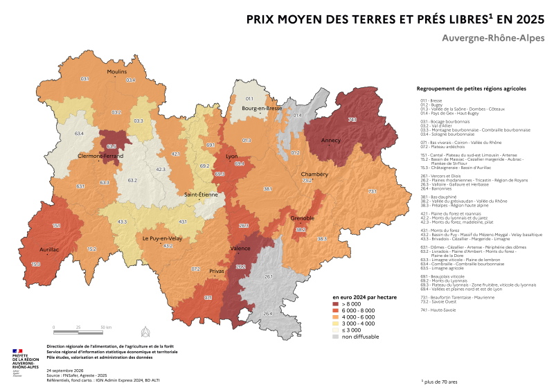 Image 3 : Carte repr&eacute;sentant le prix moyen des terres agricoles dans la r&eacute;gion Auvergne-Rh&ocirc;ne-Alpes en 2025, selon les donn&eacute;es de la FNSAFER. Cette carte montre les variations des prix par petites r&eacute;gions agricoles.