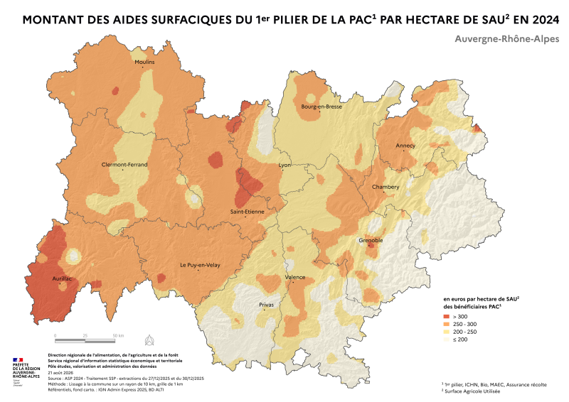 Image 3 : Carte repr&eacute;sentant la r&eacute;partition des aides du premier pilier de la PAC par hectare de Surface Agricole Uilil&eacute;e (SAU) dans la r&eacute;gion Auvergne-Rh&ocirc;ne-Alpes pour la campagne de 2024 selon l'Agence de Services et de Paiement (ASP). Cette carte vise &agrave; mettre en lumi&egrave;re la distribution des aides financi&egrave;res accord&eacute;es aux exploitants agricoles, soulignant les variations de soutien en fonction des superficies cultiv&eacute;es dans la r&eacute;gion.