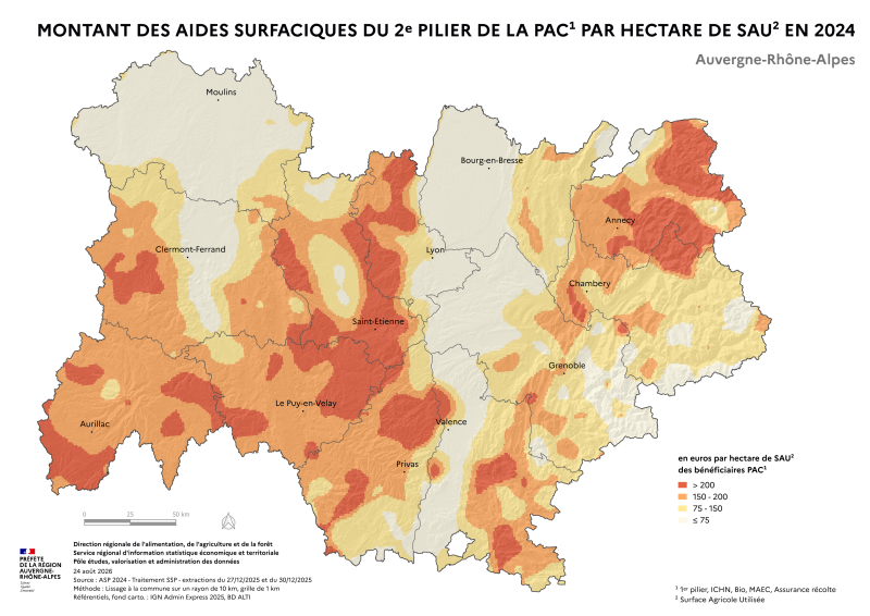 Image 3 : Carte repr&eacute;sentant la r&eacute;partition des aides du second pilier de la PAC par hectare de Surface Agricole Uilil&eacute;e (SAU) dans la r&eacute;gion Auvergne-Rh&ocirc;ne-Alpes pour la campagne de 2024 selon l'Agence de Services et de Paiement (ASP). La carte illustre la diversit&eacute; des montants aid&eacute;s du second pilier par unit&eacute; de surface, mettant en &eacute;vidence l'impact des soutiens financiers sur le d&eacute;veloppement rural et les exploitations agricoles de la r&eacute;gion.