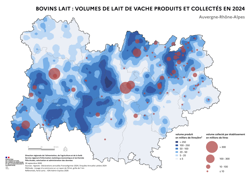 Image 1 : Carte repr&eacute;sentant la fili&egrave;re bovins lait de la r&eacute;gion Auvergne-Rh&ocirc;ne-Alpes en 2024, &agrave; partir des donn&eacute;es de FranceAgrimer 2024 pour l'amont et de l'Enqu&ecirc;te Annuelle Laiti&egrave;re 2024 pour l'aval.Le fond de carte repr&eacute;sente, par lissage, les volumes de lait de vache produits par km&sup2;. Les &eacute;tablissements de collecte sont repr&eacute;sent&eacute;s par des ronds de couleur rouge-bordeau, selon quatre classes de volumes collect&eacute;s : &le; 10 millions de litres, de 10 &agrave; 100 millions, de 100 &agrave; 300 millions et > 300 millions de litres.