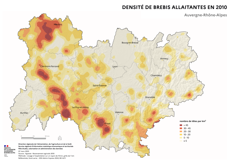 Image 1 : Carte repr&eacute;sentant la densit&eacute; de brebis allaitantes en Auvergne-Rh&ocirc;ne-Alpes, selon les donn&eacute;es du Recensement Agricole 2010. La carte illustre les zones o&ugrave; les &eacute;levages de brebis allaitantes sont concentr&eacute;s dans la r&eacute;gion.