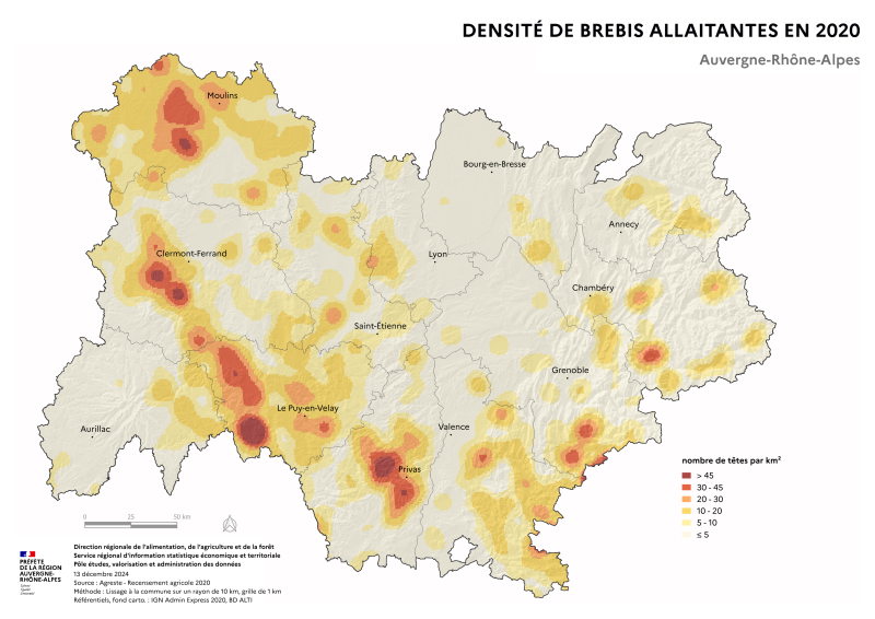 Carte représentant la densité de brebis allaitantes en Auvergne-Rhône-Alpes, selon les données du Recensement Agricole 2020. La carte illustre les zones où les élevages de brebis allaitantes sont concentrés dans la région.
