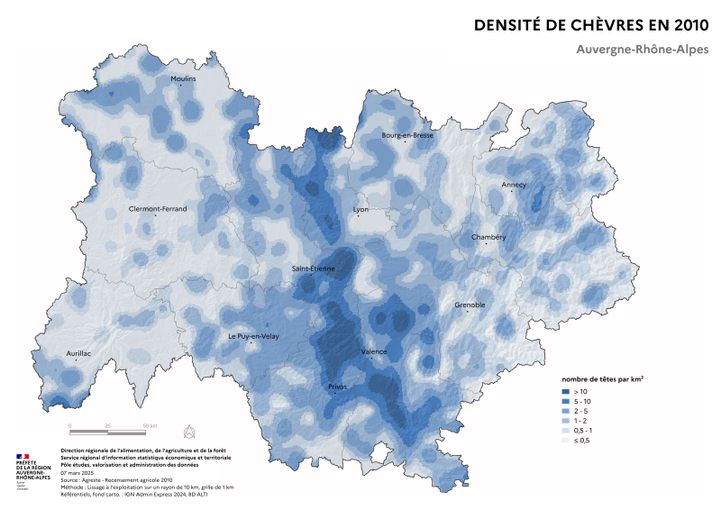 Image 1 : Carte repr&eacute;sentant la densit&eacute; de ch&egrave;vres en Auvergne-Rh&ocirc;ne-Alpes, selon les donn&eacute;es du Recensement Agricole 2010. La carte illustre les zones o&ugrave; les &eacute;levages de ch&egrave;vres sont concentr&eacute;s dans la r&eacute;gion.