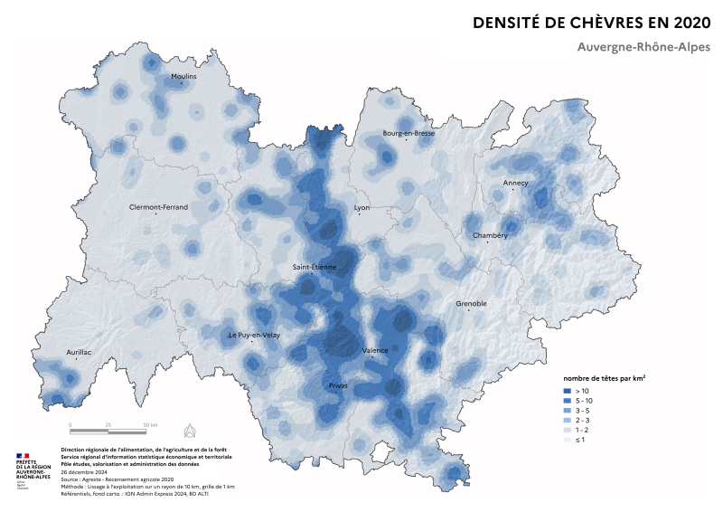 Carte représentant la densité de chèvres en Auvergne-Rhône-Alpes, selon les données du Recensement Agricole 2020. La carte illustre les zones où les élevages de chèvres sont concentrés dans la région.