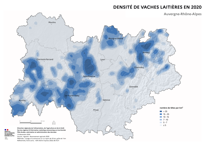 Carte représentant la densité de vaches laitières en Auvergne-Rhône-Alpes, selon les données du Recensement Agricole 2020. La carte illustre les zones où les élevages de vaches laitières sont concentrés dans la région.