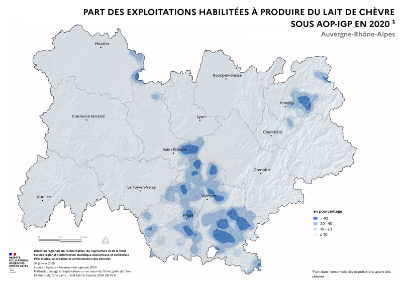 Carte représentant la part d'exploitations habilitées à produire du lait de chèvre sous AOP-IGP en Auvergne-Rhône-Alpes, selon les données du Recensement Agricole 2020 et de l'INAO. La carte illustre les zones où les élevages de chèvres laitières produisent le plus fréquemment sous SIQO dans la région.