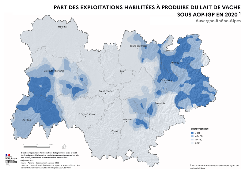 Carte représentant la part d'exploitations habilitées à produire du lait de vache sous AOP-IGP en Auvergne-Rhône-Alpes, selon les données du Recensement Agricole 2020 et de l'INAO. La carte illustre les zones où les élevages de vaches laitières produisent le plus fréquemment sous SIQO dans la région.