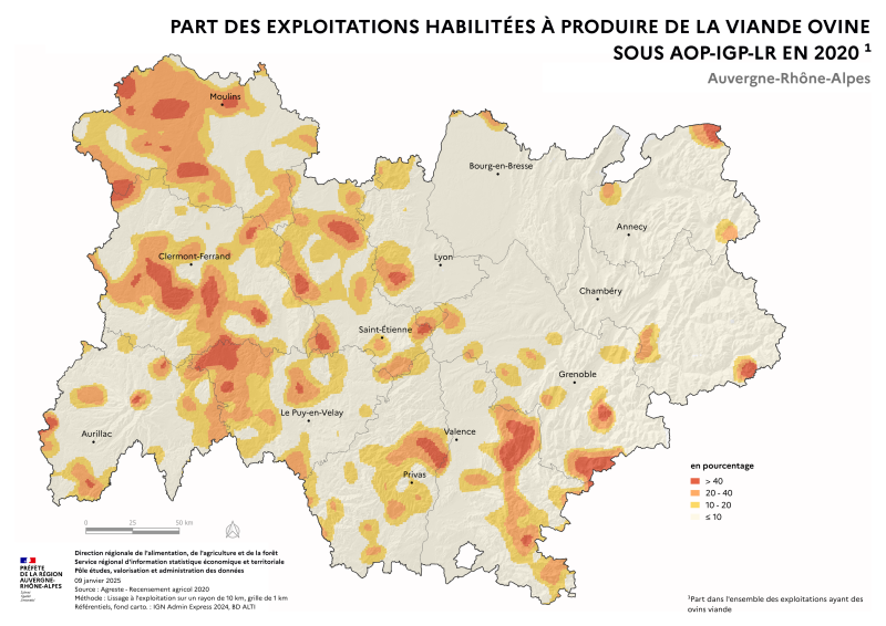 Carte représentant la part d'exploitations habilitées à produire de la viande ovine sous AOP-IGP-LR en Auvergne-Rhône-Alpes, selon les données du Recensement Agricole 2020 et de l'INAO. La carte illustre les zones où les élevages de brebis allaitantes produisent le plus fréquemment sous SIQO dans la région.