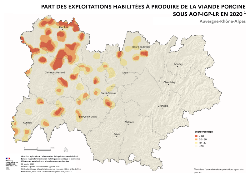 Carte représentant la part d'exploitations habilitées à produire de la viande porcine sous AOP-IGP-LR en Auvergne-Rhône-Alpes, selon les données du Recensement Agricole 2020 et de l'INAO. La carte illustre les zones où les élevages de porcins produisent le plus fréquemment sous SIQO dans la région.