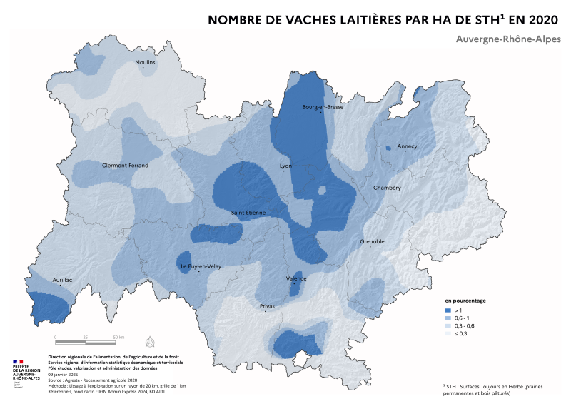 Carte représentant le nombre de vaches laitières par hectare de Surface Toujours en Herbe (STH) en Auvergne-Rhône-Alpes, selon les données du Recensement Agricole 2020. La carte illustre les zones où les élevages de vaches laitières sont les plus intensifs dans la région.