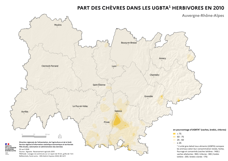 Image 1 : Carte repr&eacute;sentant la part des ch&egrave;vres dans les UGBTA herbivores (vaches, brebis,ch&egrave;vres) en Auvergne-Rh&ocirc;ne-Alpes, selon les donn&eacute;es du Recensement Agricole 2010. La carte illustre les zones o&ugrave; les &eacute;levages de ch&egrave;vres dominent dans la r&eacute;gion.