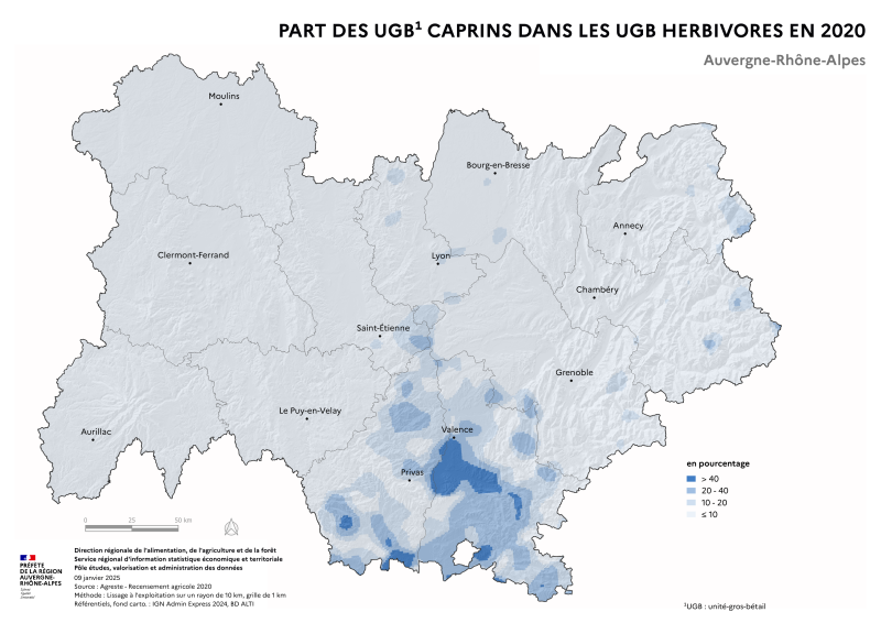 Carte représentant le pourcentage d'UGB caprins dans les UGB herbivores en Auvergne-Rhône-Alpes, selon les données du Recensement Agricole 2020. La carte illustre les zones où les élevages caprins dominent par rapport aux élevages herbivores dans la région.